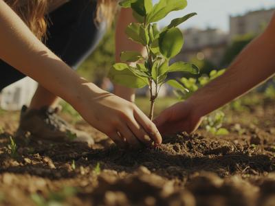 Two people planting a tree